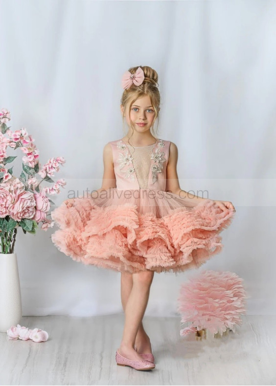 Pink Satin Tulle V Back Short Flower Girl Dress